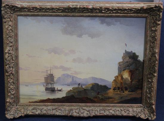 Attributed to Theodore Gudin (1802-1880) Coastal skirmish with Man o War off the coast, 14 x 20in.